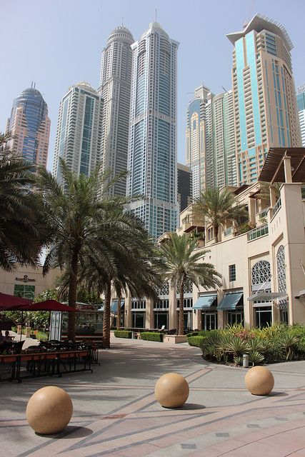 an empty courtyard with palm trees and buildings in the background