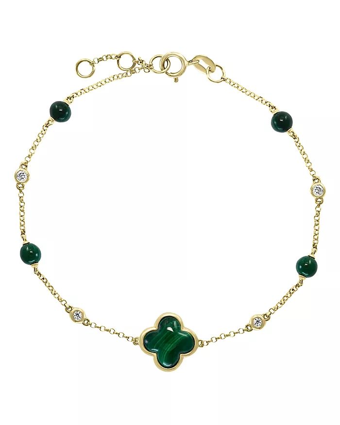 Bloomingdale's - Malachite & Diamond Chain Bracelet in 14K Yellow Gold - 100% Exclusive Elegant Yellow Gold Bracelet With Emerald, Luxury Green 14k Gold Bracelets, Classic Green 14k Gold Bracelet, Classic 14k Gold Green Bracelet, Diamond Chain Bracelet, Diamond Bangles Bracelet, Diamond Chain, Black Diamonds, Exclusive Jewelry