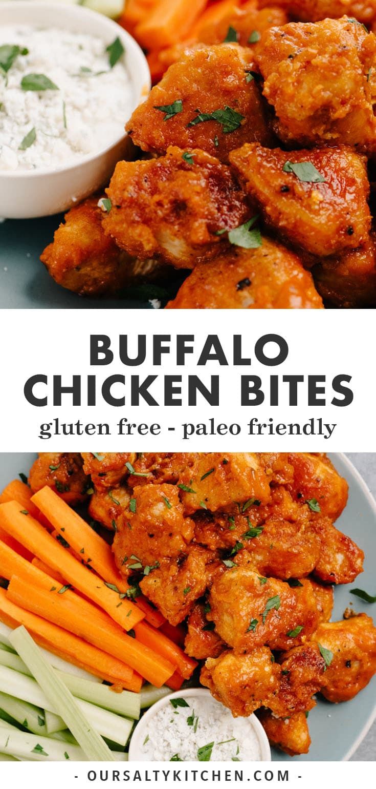 buffalo chicken bites on a plate with carrots and celery