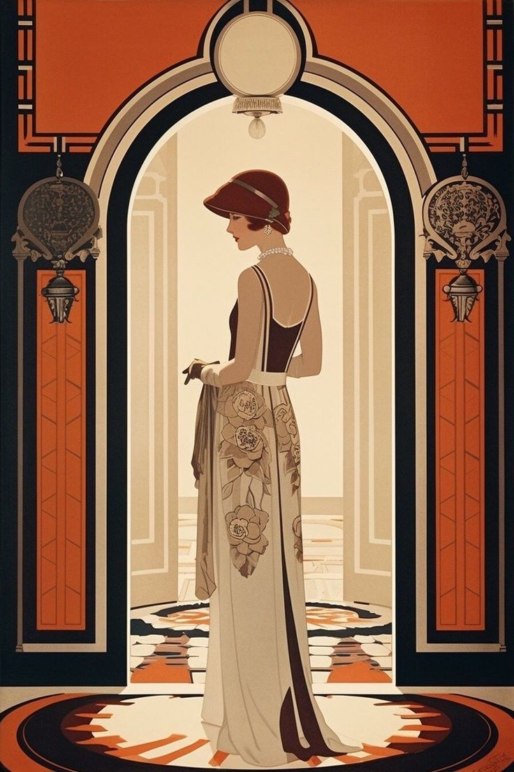 an art deco poster with a woman in a white dress standing at the entrance to a building