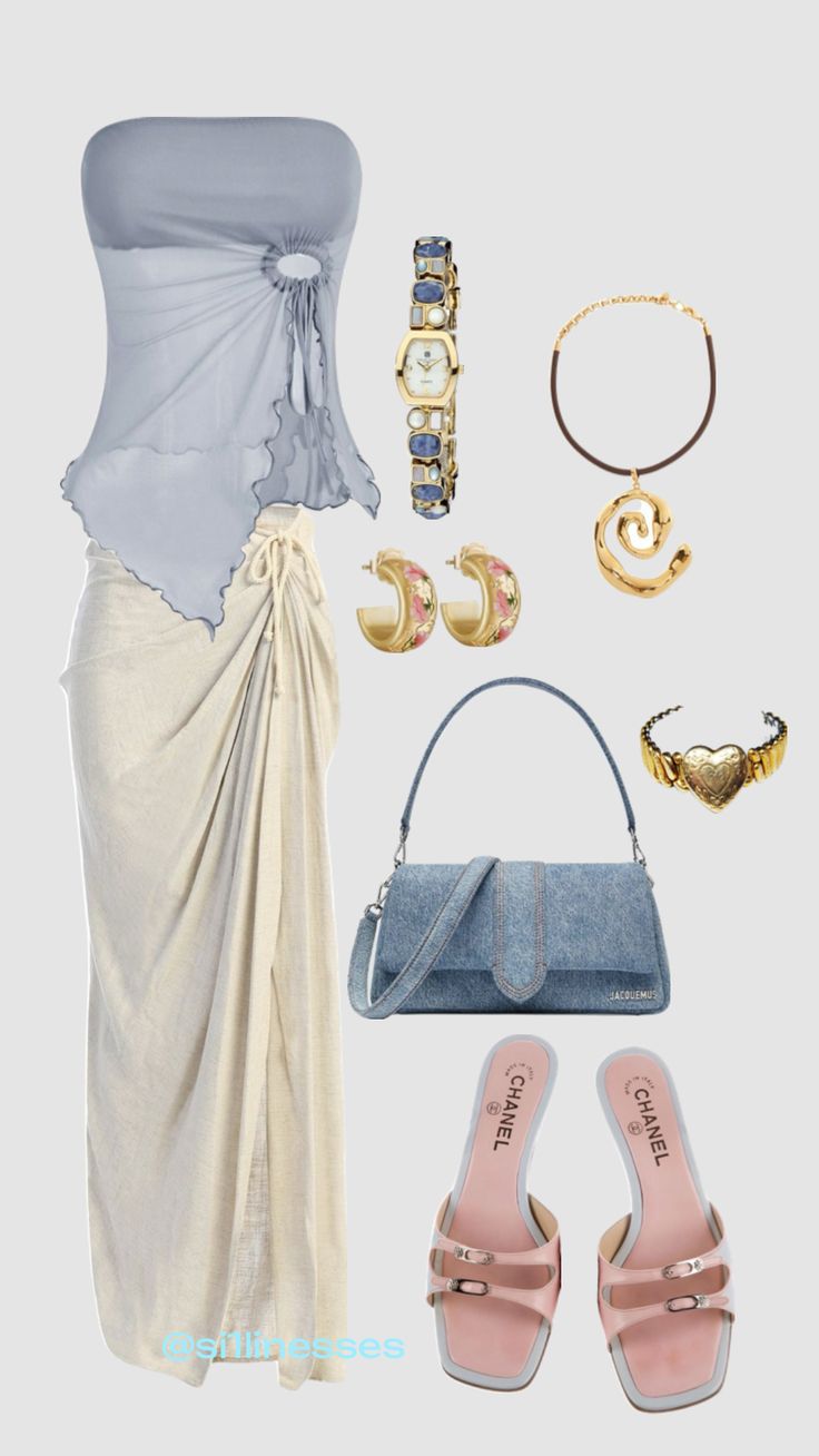 a woman in a white dress and accessories including shoes, purses, bracelets and sandals