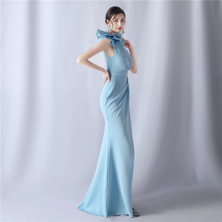 Sexy One-Shoulder Ruffle Evening Dress - Celebrity Maxi Party Dress for Women Blue Fitted One Shoulder Prom Dress, Blue Fitted One-shoulder Prom Dress, Blue One Shoulder Dress For Prom, Blue One-shoulder Dress For Prom, Blue One Shoulder Dress For Prom Party, Blue One-shoulder Dress For Prom Party, Blue One-shoulder Dress For Prom Season Party, Chic Blue Evening Dress With Ruffles, Elegant One-shoulder Dress With Ruffles For Gala