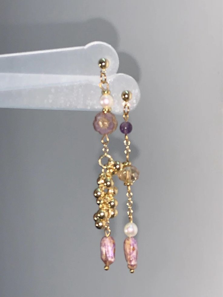 Grape Beaded Asymmetry Drop Earrings | Jewelry | Three Fleas Handmade Fusion Long Drop Jewelry, Modern Beaded Jewelry For Gifts, Modern Beaded Jewelry For Gift, Beaded Chain Dangle Party Jewelry, Beaded Chain Dangle Jewelry For Party, Trendy Dangling Beads Necklace For Gift, Trendy Necklaces With Dangling Beads For Gifts, Trendy Dangling Beads Jewelry, Trendy Jewelry With Dangling Beads