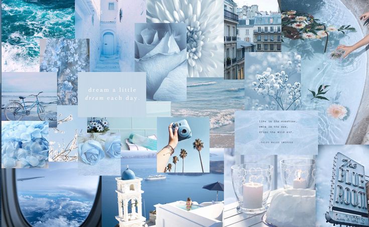 a collage of blue and white images