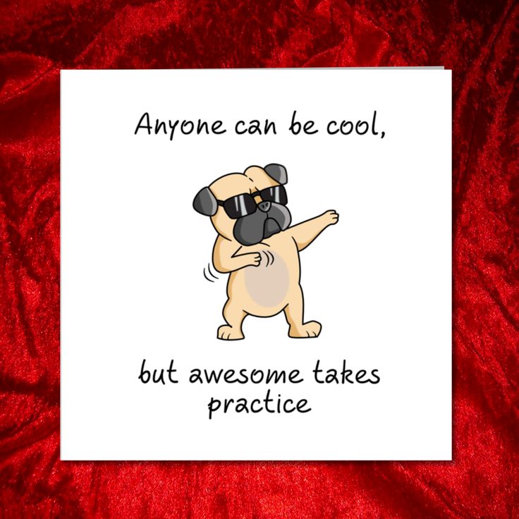 a card that says anyone can be cool, but awesome takes practice with a pug