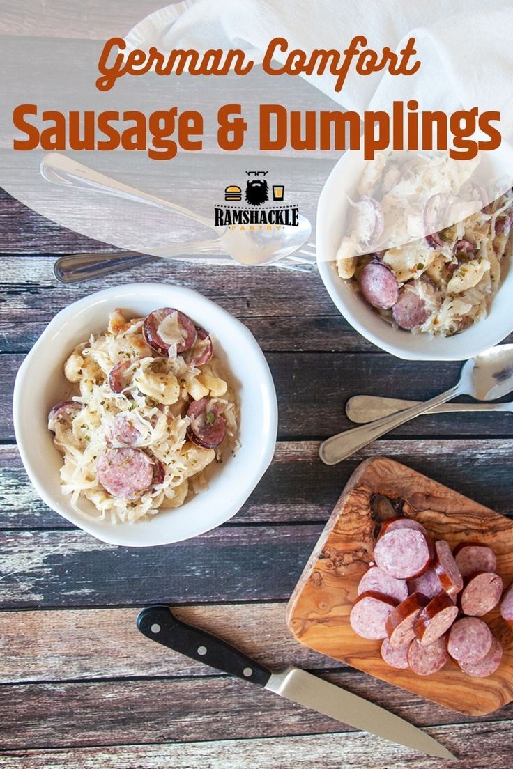 two bowls of sausage and dumplings next to a cutting board with utensils