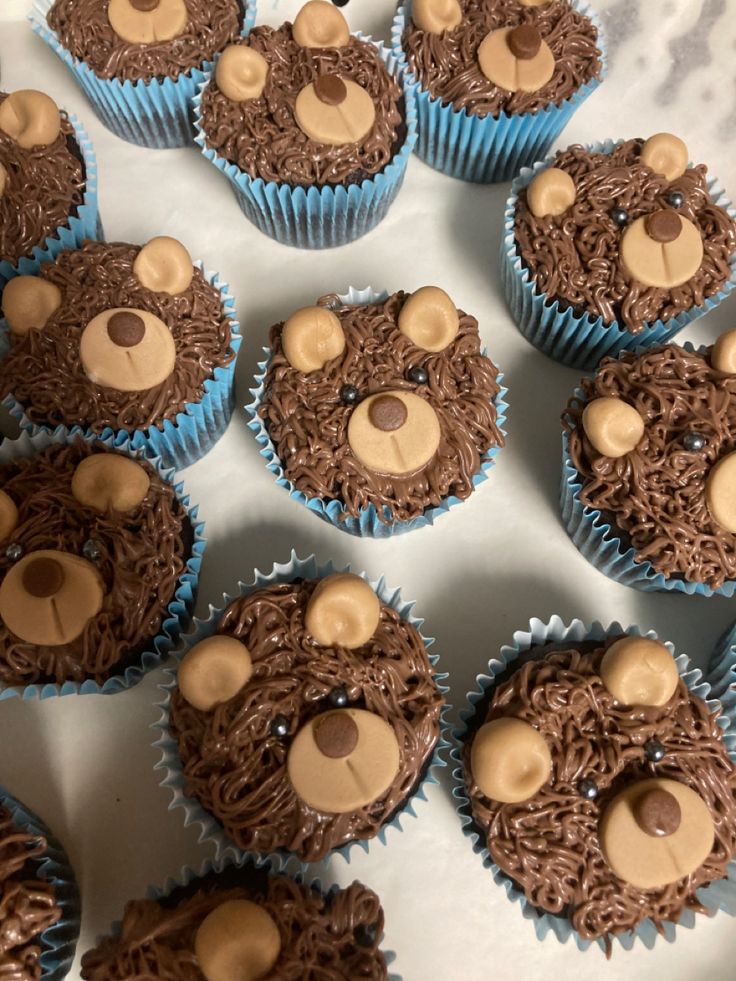 cupcakes with chocolate frosting and teddy bears on them are arranged in rows