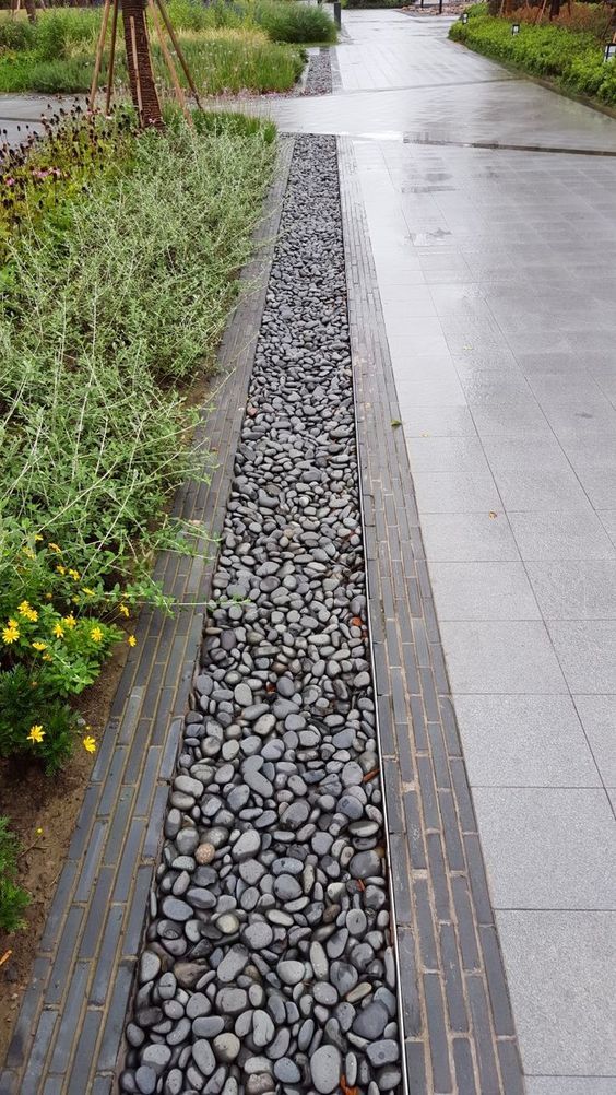 an empty walkway lined with rocks and plants