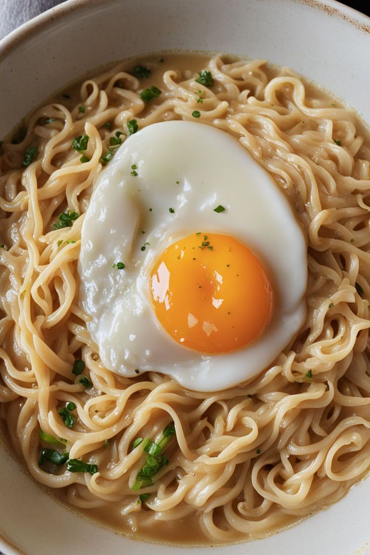 an egg on top of noodles in a bowl