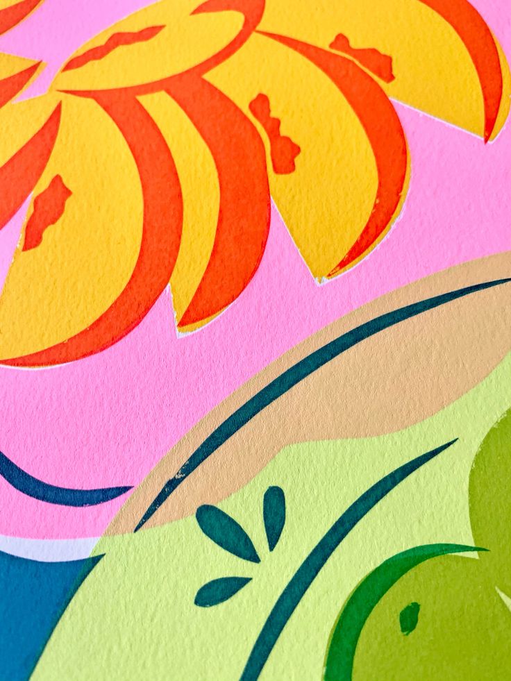 an abstract painting of flowers and fruit on a pink, blue, green, yellow and red background