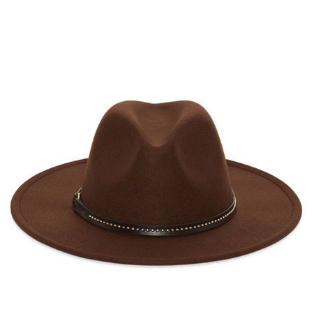 This a.n.a women's fedora is a chic cold-weather accessory to have on hand. Crafted from felt-like fabric with a contrasting studded faux leather trim around the base, this hat is a must-have to wear with your favorite outfits.Base Material: 100% PolyesterCare: Spot CleanBrim Width: 3 InchCountry of Origin: Imported Fall Fedora Fur Felt Hat, Fall Fur Felt Fedora Hat, Fur Felt Fedora For Fall, Fall Fur Felt Fedora, Chic Wool Fedora For Winter, Chic Winter Wool Fedora, Chic Brown Winter Hats, Chic Brown Felt Hat For Winter, Chic Fedora Hat Bands For Winter