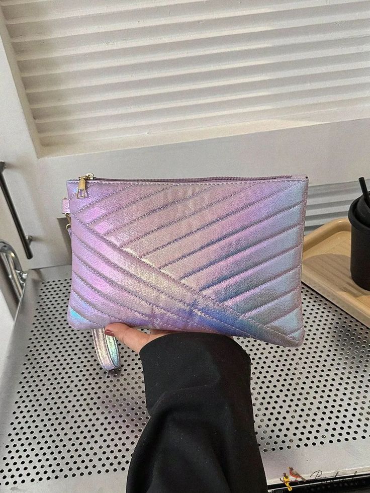 BirdinBag - Holographic Quilted Square PU Bag Trendy Handheld Bag With Zipper Pouch, Trendy Purple Rectangular Cosmetic Bag, Purple Rectangular Portable Pouch, Spacious Purple Pouch Bag, Portable Purple Rectangular Pouch, Pouch Bag With Zipper For Shopping, Shopping Pouch Bag With Zipper, Large Capacity Purple Pouch Bag, Portable Rectangular Purple Pouch