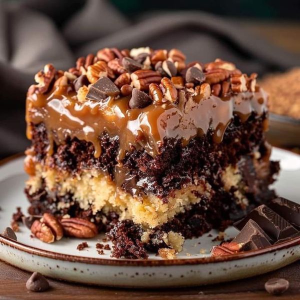 a piece of chocolate cake with pecans and caramel drizzle on top