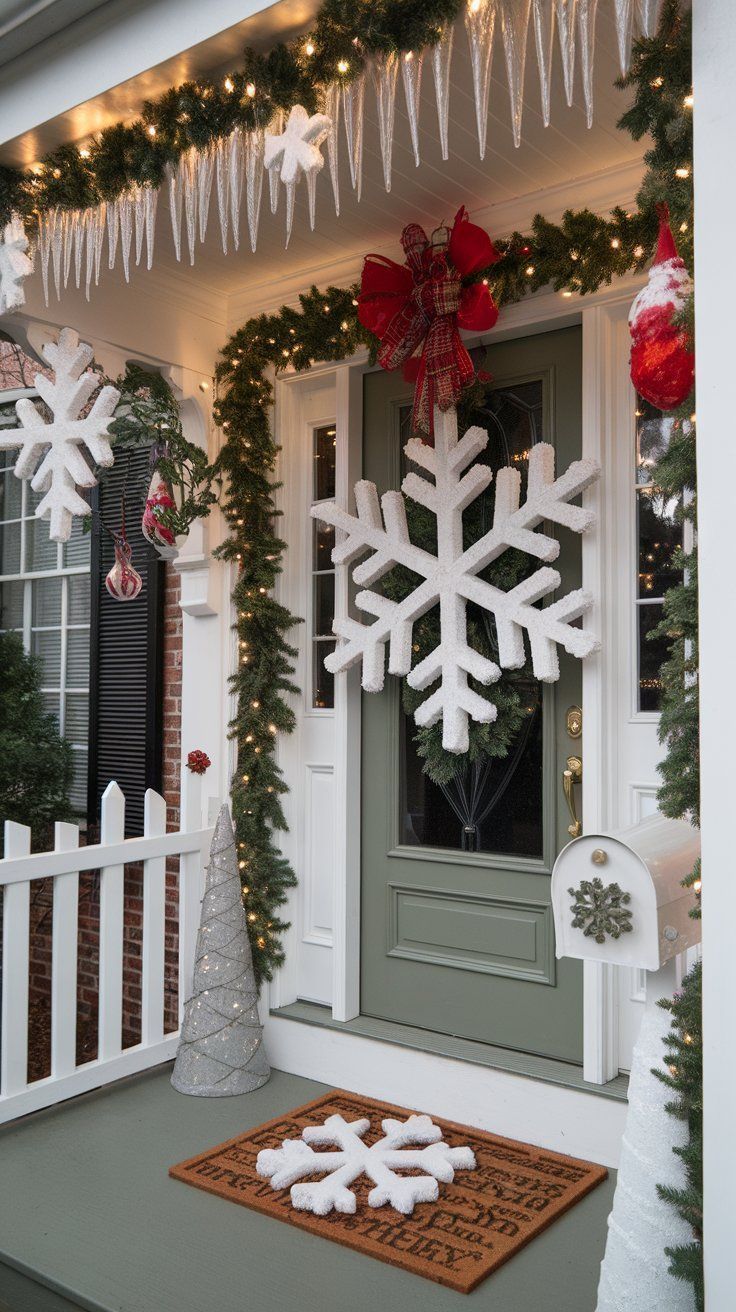 a house decorated for christmas with snowflakes on the front door and wreaths