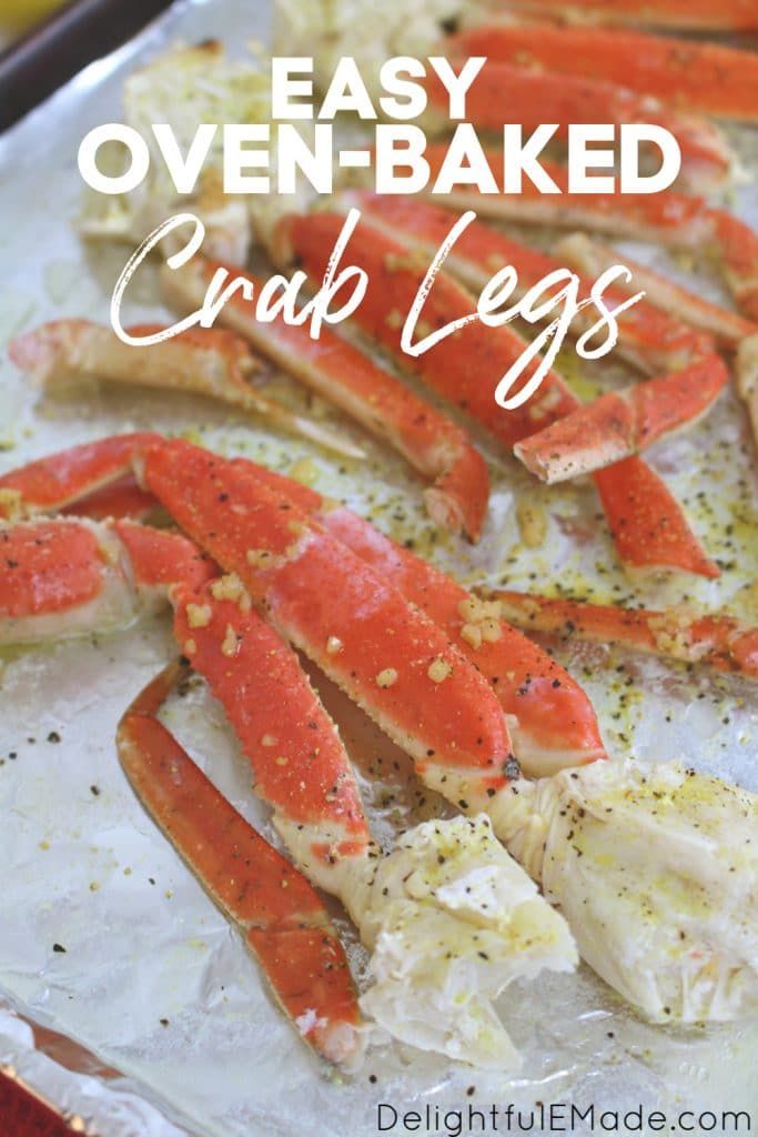 cooked crab legs with lemons and seasoning on them in a baking pan text overlay says easy oven - baked crab legs