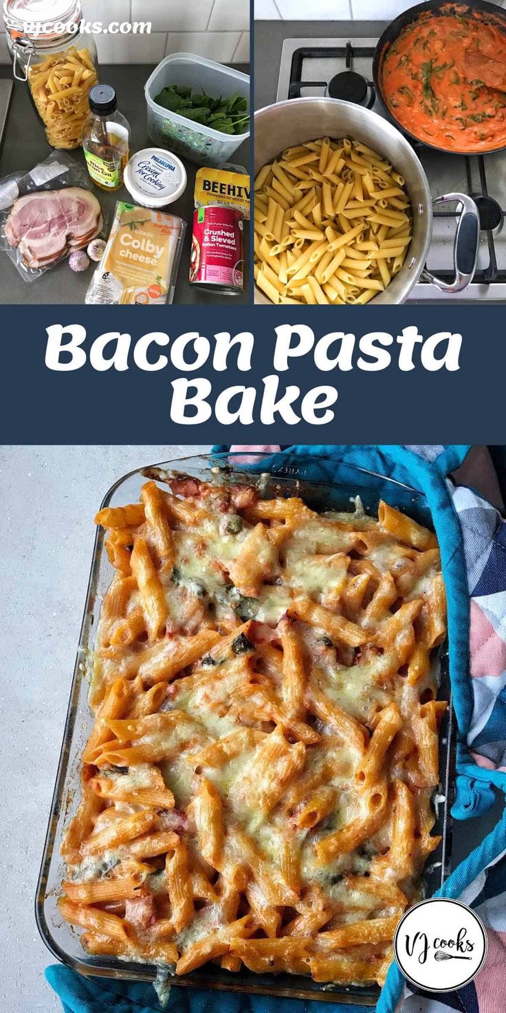 bacon pasta bake in a casserole dish with the title above it