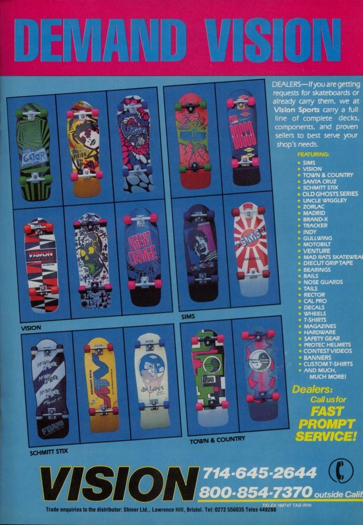 an advertisement for a skateboard company with the names and pictures on it, including different colors