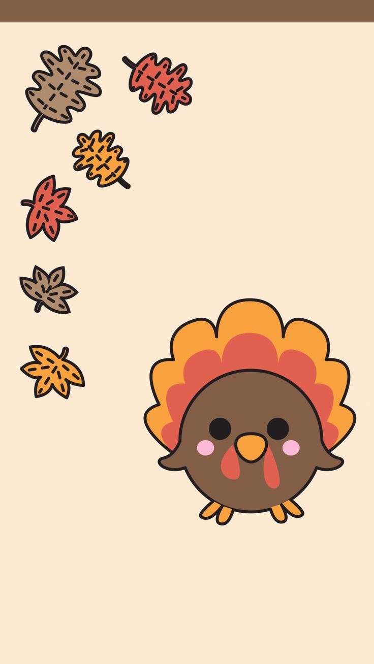 a cartoon turkey flying through the air with fall leaves in the sky behind it,