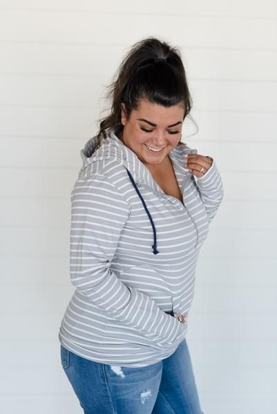 HalfZip Hoodie - Grey Stripe Floral #sweater #hoodie #sweatshirt #ad #springfashion #fallfashion #plussize Baggy Yoga Pants, Double Hooded Sweatshirt, Plus Size Inspiration, Pin Up Models, Gym Clothes Women, Floral Sweater, Striped Hoodie, Curvy Outfits, Floral Stripe