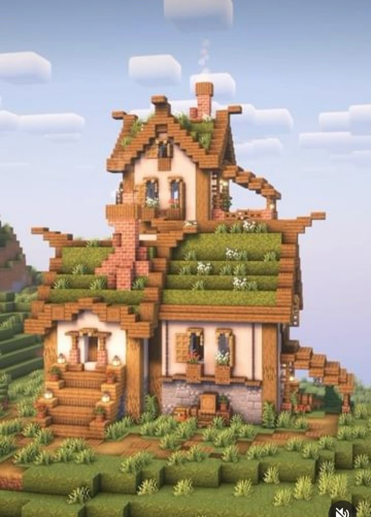 the house is made out of wood and has plants growing on it's roof