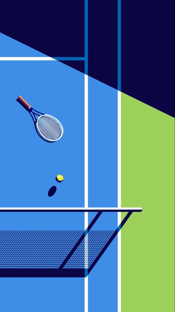 a tennis racket and ball are on the blue court, with green squares in the background