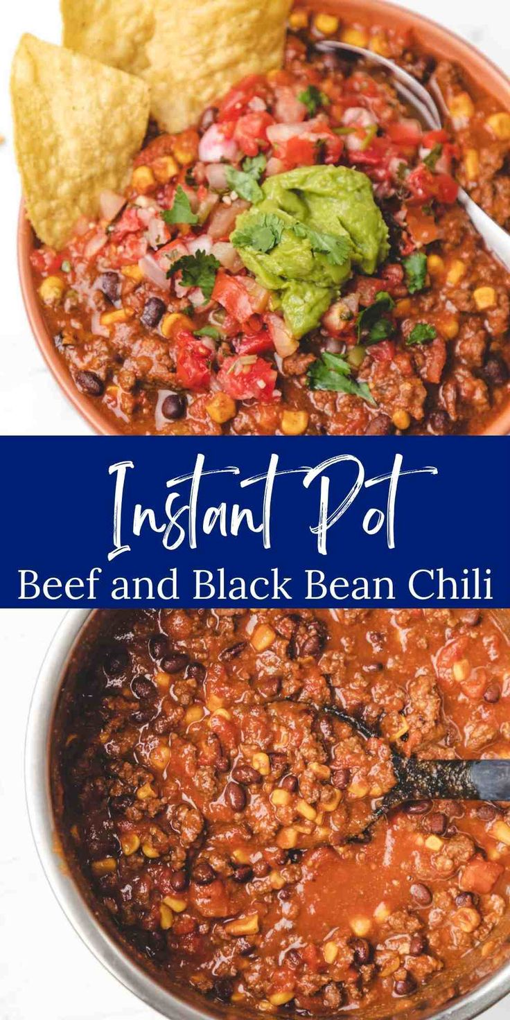 instant pot beef and black bean chili in a bowl with tortilla chips on the side