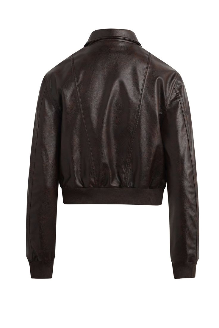 Description Our fully-lined Bomber Jacket is made from vegan leather with a marbled finish. Timeless features include front welt patch pockets, snap closure, cuff ribbing and a pointed collar. Product Details Body Length: 20.5", Chest: 39", Sleeve Length: 24"Model Height 5'9"Model wearing size SMeasurements based on size S Fit & Care Content: 100% Polyurethane Back: 100% PolyesterMachine wash cold with like colorsDo not bleachTumble dry low or hang to dry Classic Faux Leather Jacket For Fall, Fall Leather Jacket With Contrast Collar, Fitted Leather Jacket With Padded Collar For Fall, Fitted Collared Biker Jacket For Fall, Fall Leather Jacket With Snap Buttons For Streetwear, Trendy Leather Jacket With Padded Collar For Work, Fitted Fall Outerwear With Contrast Collar, Brown Leather Jacket With Padded Collar For Spring, Trendy Leather Jacket With Padded Collar