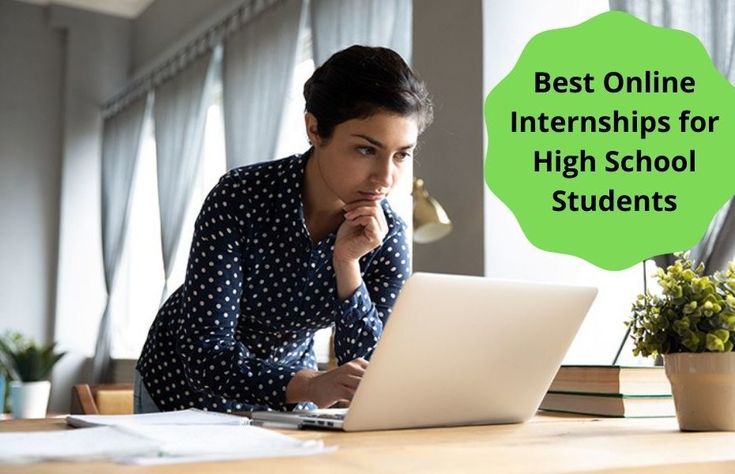 a woman sitting at a desk with a laptop computer in front of her and the words best online interns for high school students