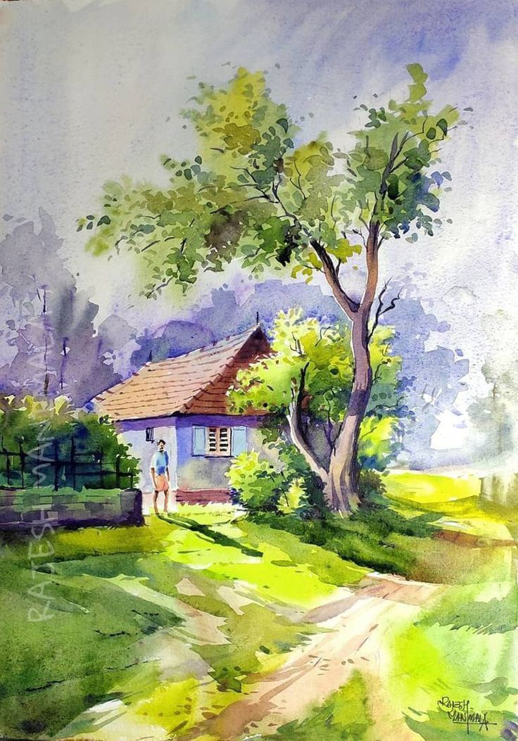 a watercolor painting of a person standing in front of a house with a tree