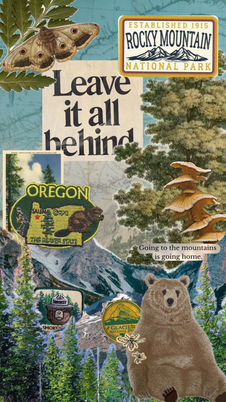 an image of a bear surrounded by mountains and trees with the words leave it all behind