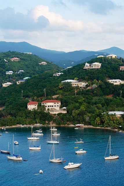 many sailboats are floating in the water near houses on a hill side with mountains in the background