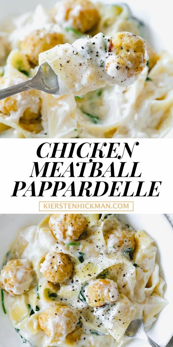 chicken meatball pasta in a white bowl with a spoon