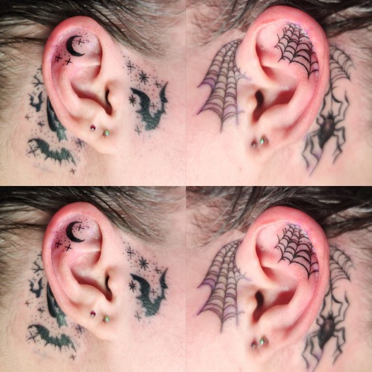 Ears, fave tattoos, tattoos in ears and behind ears. Ear Bat Tattoo, Cobweb Ear Tattoo, Web Ear Tattoo, Bat Tattoo Behind Ear, Bat Ear Tattoo, Spider Web Ear Tattoo, Spiderweb Ear Tattoo, Behind The Ear Bat Tattoo, Bat Face Tattoo