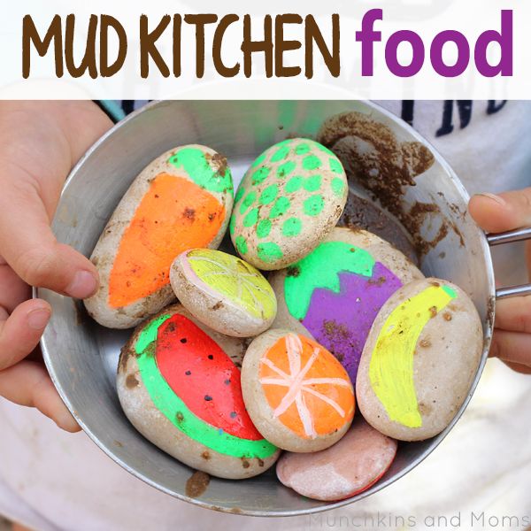 a bowl filled with colorfully painted rocks and the words mud kitchen food in front of it