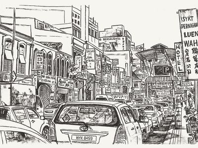 a black and white drawing of cars on a city street