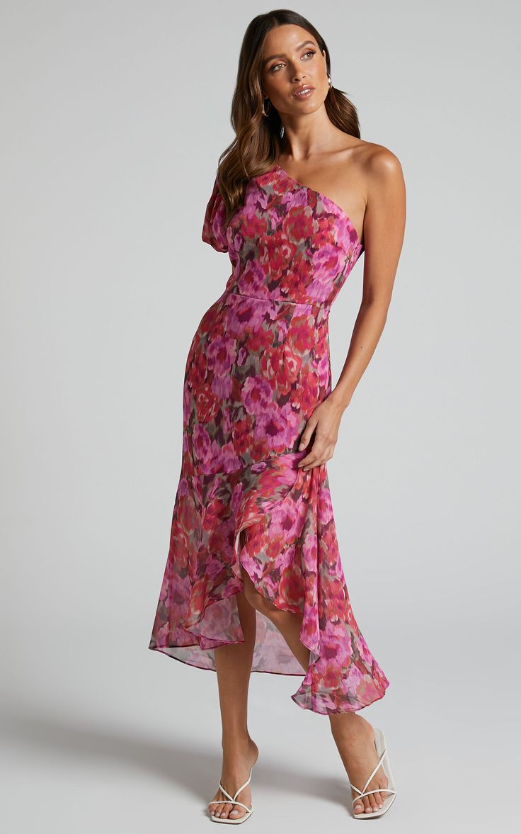 Clabelle Midi Dress - One Shoulder Ruffle Tulip Hem Dress in Violette Blur Floral | Showpo USA One Shoulder Cocktail Dress, Midaxi Dress, Guest Attire, Wedding Attire Guest, Cocktail Attire, Guest Outfit, Hem Dress, Wedding Attire, Outfits Casuales