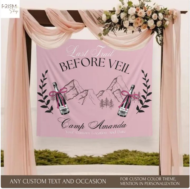 a pink banner with two bottles and flowers on it that says, i love you before veil