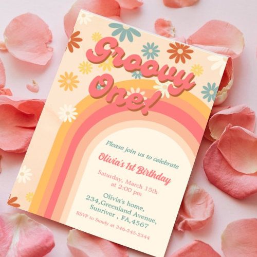 a birthday party with pink flowers and petals on the ground next to a card that says,'crazy one '