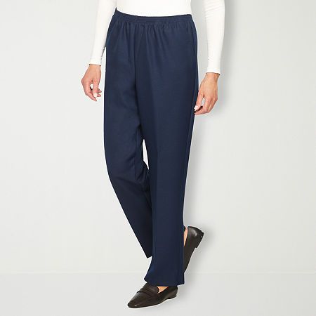 Alfred Dunner is known for their modern tailoring and style, and this pair of women's pants stay true to the brand's heritage. Made from a soft woven fabric in a relaxed-fit with straight legs, they have a comfortable elastic-waistband, a pleated front, and side pockets. Wear with a button-down or t-shirt and flat shoes.Front Style: Pleated FrontClosure Type: Elastic, Full ElasticFit: Relaxed FitPockets: 2 Side Slip PocketsRise: Mid RiseFiber Content: 100% PolyesterFabric Description: WovenInsea Elegant Pull-on Pants For Daywear, Straight Leg Dress Pants With Elastic Waistband, Loosely Fitted Pull-on Pants, Pull-on Style Bottoms For Business Casual, Classic Ankle-length Wide Leg Pants For Daywear, Business Casual Pull-on Tapered Leg Bottoms, Business Casual Tapered Leg Pull-on Bottoms, Tapered Leg Pants With Welt Pockets For Daywear, Stretch Straight Pants For Daywear