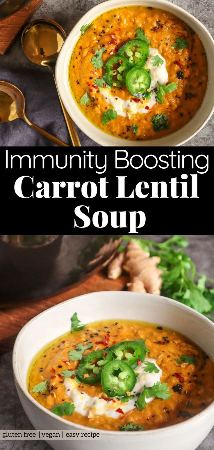 two bowls filled with carrot lentil soup and topped with sour cream, jalapenos