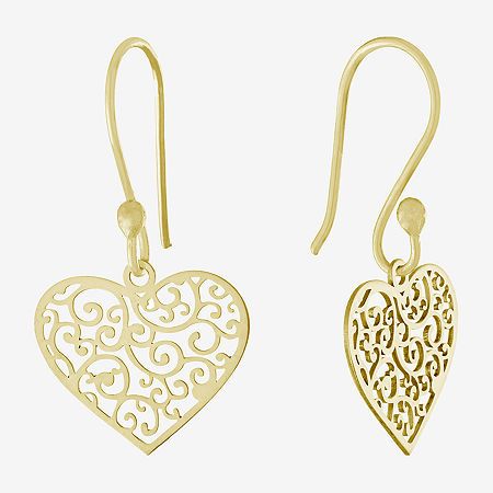 Simple and sleek best describes these Silver Treasures 14K gold over silver heart drop earrings. Drop earrings are crafted in 14K gold over silver, feature a beautiful filigree design, 27.6mm in length and have a French wire backing. With the simple design, these earrings can be worn with any wardrobe choice. Wipe drop earrings clean with a soft cloth.Included: 1 Pair of EarringsFeatures: Nickel FreeEarring Back: WireShape: HeartMetal Color: YellowEarring Length: 27.6mmEarring Width: 14.2mmCare: Gold Sterling Silver Hypoallergenic Heart Earrings, Gold Hypoallergenic Heart Earrings In Sterling Silver, Elegant Nickel-free Open Heart Earrings, Elegant Hypoallergenic Heart Pendant Earrings, Nickel-free Gold Heart Earrings In Sterling Silver, Yellow Gold Open Heart Pierced Earrings, Classic Gold Open Heart Earrings, Gold Sterling Silver Heart Earrings For Anniversary, Gold Sterling Silver Earrings With Heart Charm