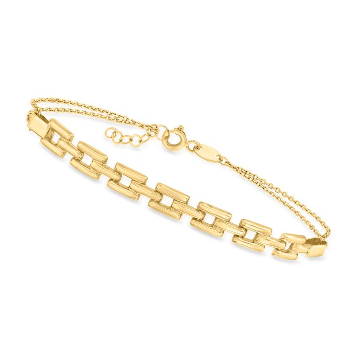 Ross-Simons - 10kt Yellow Gold Panther-Link Bracelet. 7.5". Canaria fine jewelry. Perfect for everyday wear, these genuine 10kt gold wardrobe essentials are fashionable, fun and designed to last a lifetime. Strong and durable, our collection of gold classics is always a great value. This 10kt yellow gold bracelet offers a simple take on a substantial style. Features a parade of glossy panther links stationed on a two-row cable chain with a 1/2" extender. Springring clasp, 10kt yellow gold panthe Classic Yellow Gold Link Bracelets, 14k Yellow Gold Jubilee Chain Bracelet, Classic 14k Gold Diamond Bracelet With Rectangular Links, Modern 14k Yellow Gold Diamond Bracelet, Minimalist Yellow Gold Jubilee Bracelet, Classic Gold Box Chain Bracelet, Classic Gold Link Diamond Bracelet, Classic Yellow Gold Paperclip Bracelet With Box Chain, Classic 14k Gold Name Bracelet For Everyday