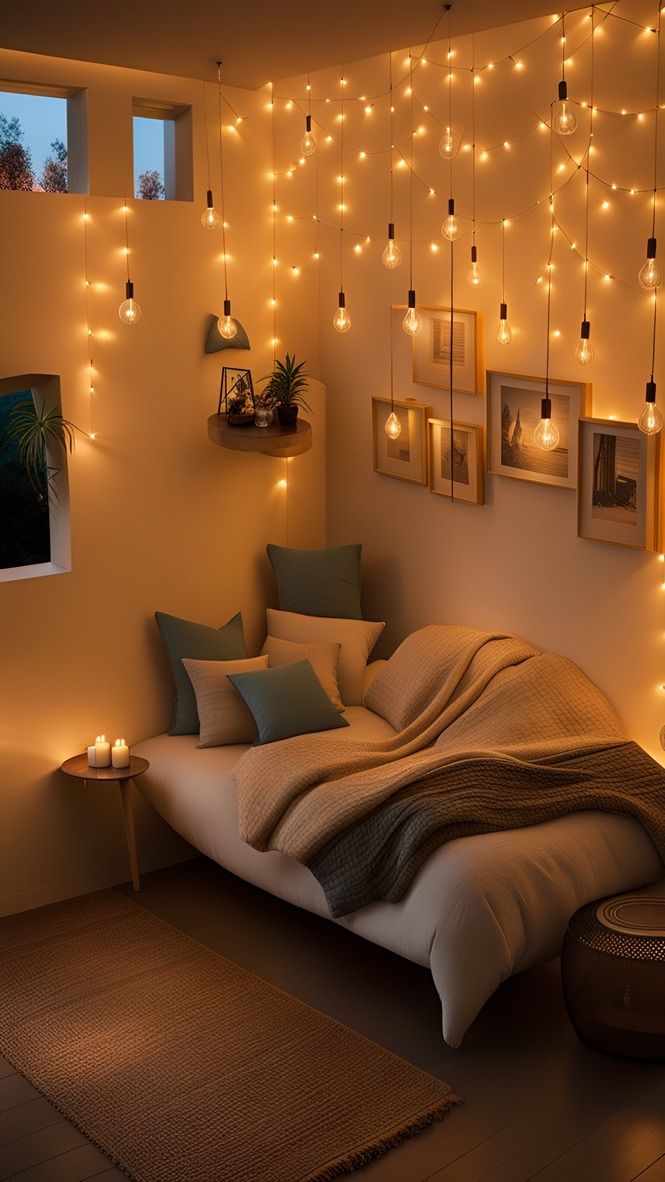 a bedroom with lights hanging from the ceiling