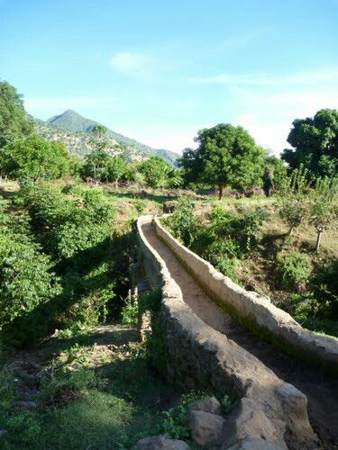 a stone wall in the middle of a field with trees and mountains in the background