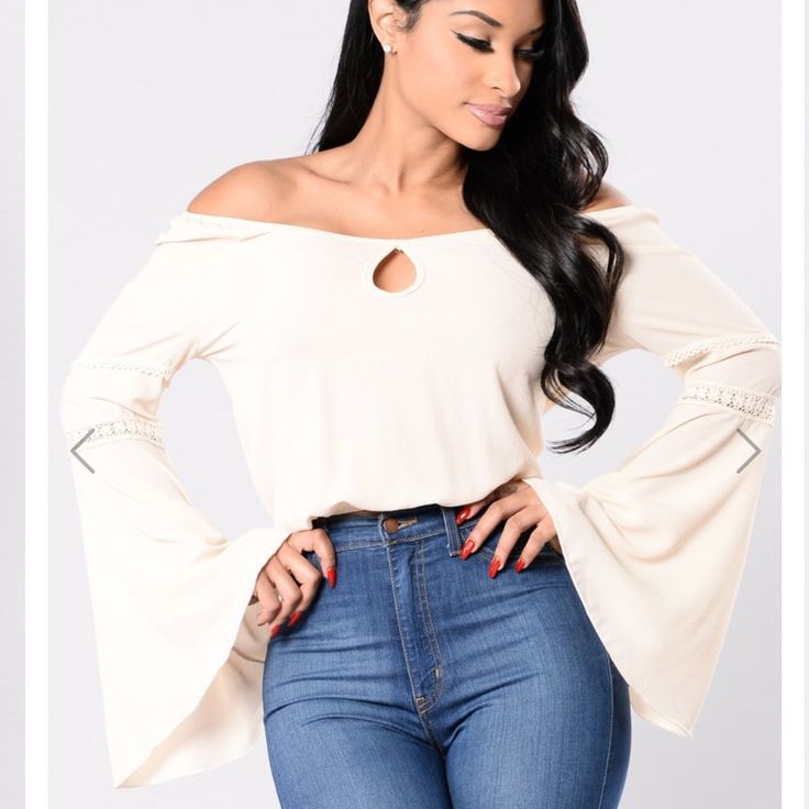 Fashion Nova’s Don’t Change Me Top Off Shoulder Long Bell Sleeve Crochet Sleeve Detail Front Keyhole Elastic Trimming 96% Polyester 4% Spandex Size: Small Stretch Off White Top For Fall, Stretchy Off-white Top For Fall, Off White Stretch Top For Fall, Stretch Beige Tops In Elastane, Beige Stretch Tops In Elastane, Beige Stretch Elastane Tops, Trendy Off White Tops For Day Out, Trendy Off White Top For Day Out, Beige Elastane Top For Summer