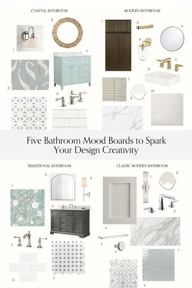 bathroom mood board with text that reads five bathroom mood boards to spark your design creativity