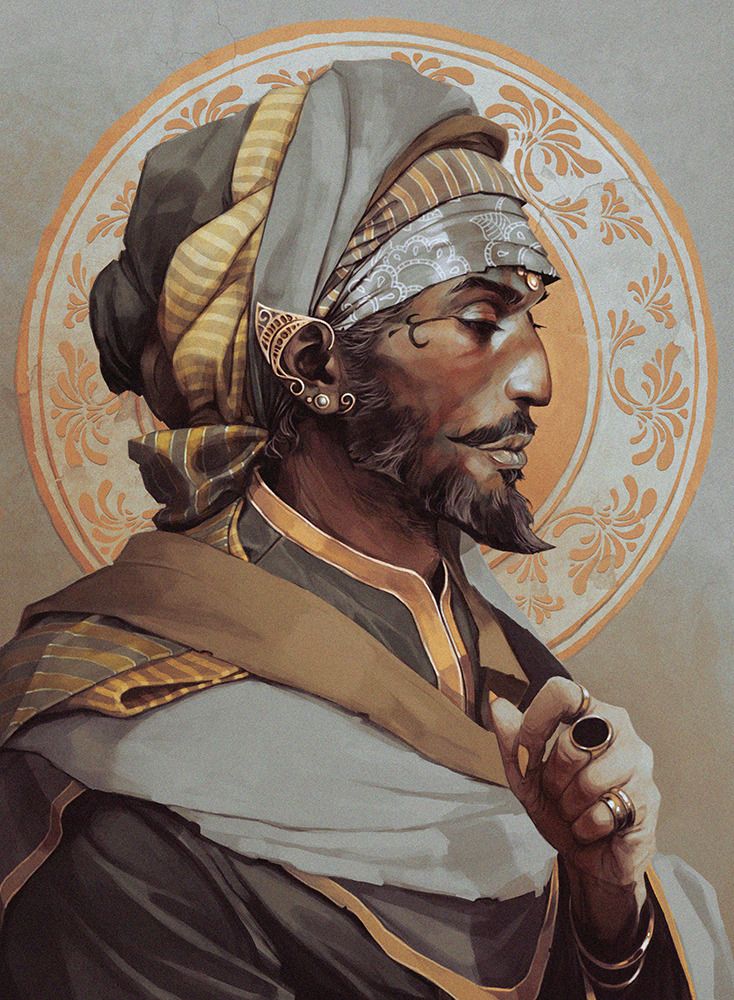 a painting of a man wearing a turban and holding a pipe in his right hand