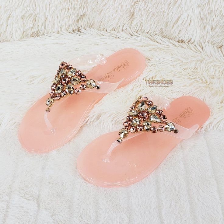 Thong Style Big Bold Colorful Rhinestone Details Jelly Pvc Foot Bed And Upper Us Woman's Sizes Super Comfy Brand New Shipped Safe & Secure Bedazzled Flat Sandals For Summer, Rhinestone Synthetic Flip Flops For Party, Party Flip Flops With Rhinestones, Pink Embellished Synthetic Sandals, Pink Flat Sandals With Rhinestones, Summer Party Flip Flops With Rhinestones, Pink Crystal Embellished Sandals For Spring, Pink Crystal-embellished Sandals For Spring, Elegant Pink Summer Flip Flops