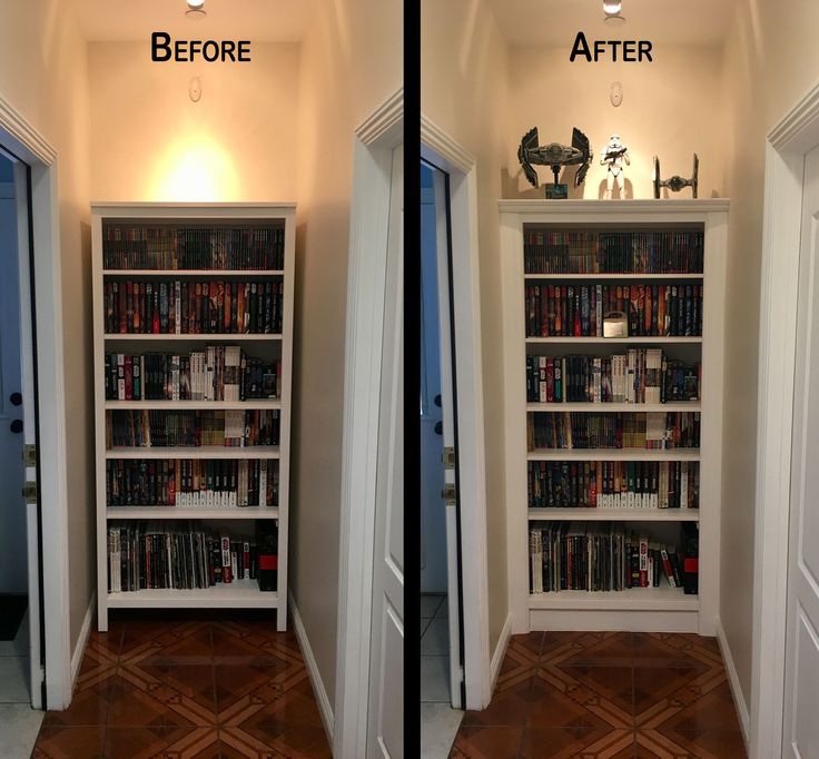 before and after shots of a bookshelf with two doors open to reveal the same room