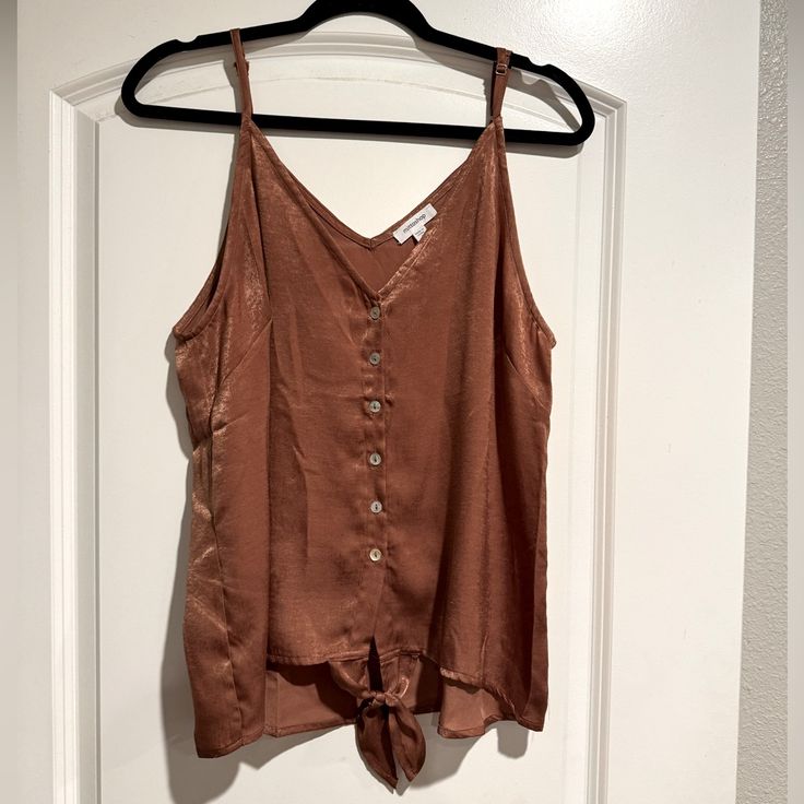 Brand New Without Tags! Shimmery Tank With Adjustable Straps And Full Button Up. Chic Vacation Tops With Button Closure, Chic Tops With Button Closure For Vacation, Summer Brown Button-up Tops, Brown Button-up Summer Tops, Brown Summer Tops With Buttons, Brown Buttoned Tops For Summer, Brown Buttoned Top For Vacation, Rayon V-neck Top With Button Closure, Brown Vacation Top With Button Closure